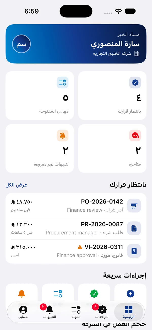 الشاشة الرئيسية في تطبيق آيفون: عدد المستندات بانتظار قرارك، والمهام المفتوحة والمتأخرة، والتنبيهات غير المقروءة، وقائمة بالمستندات التي تحتاج إلى قرارك